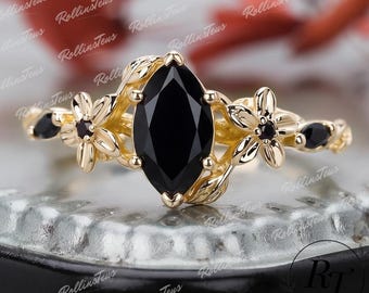 Marquise Cut Natural Black Onyx Engagement Ring, Solid 14K Gold Wedding Ring, Unique Nature Inspried Leaf Promise Ring, Flowry Handmade Ring