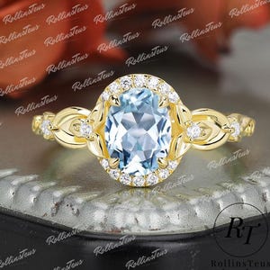Oval cut natural aquamarine engagement ring Moissanite halo wedding ring Solid gold bridal ring Blue gemstone ring Anniversary gift for wife