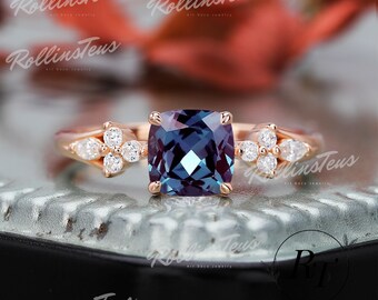 Cushion Cut Alexandrite Engagement Ring 4 Prongs Promise Ring Gifts For Her 14K Solid Rose Gold Ring Unique Flower Design Gemstone Ring