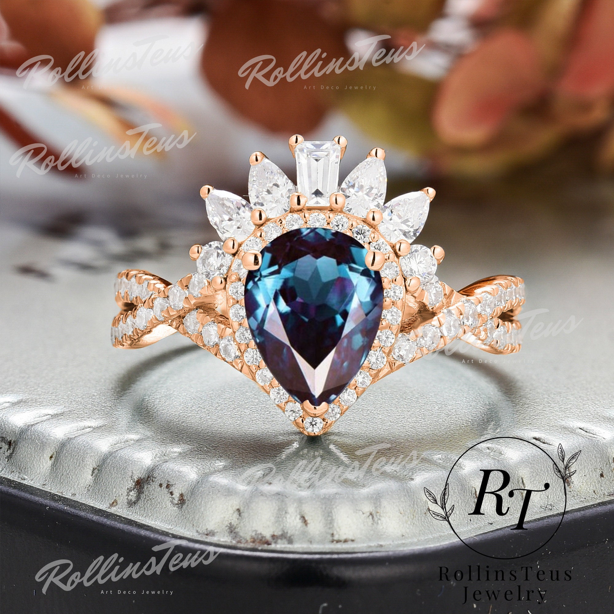 Teardrop Shape Alexandrite Engagement Ring Solid Rose Gold Ring Anniversary Gifts Moissanite Cluster Ring Twist Ring Starburst Handmade Ring