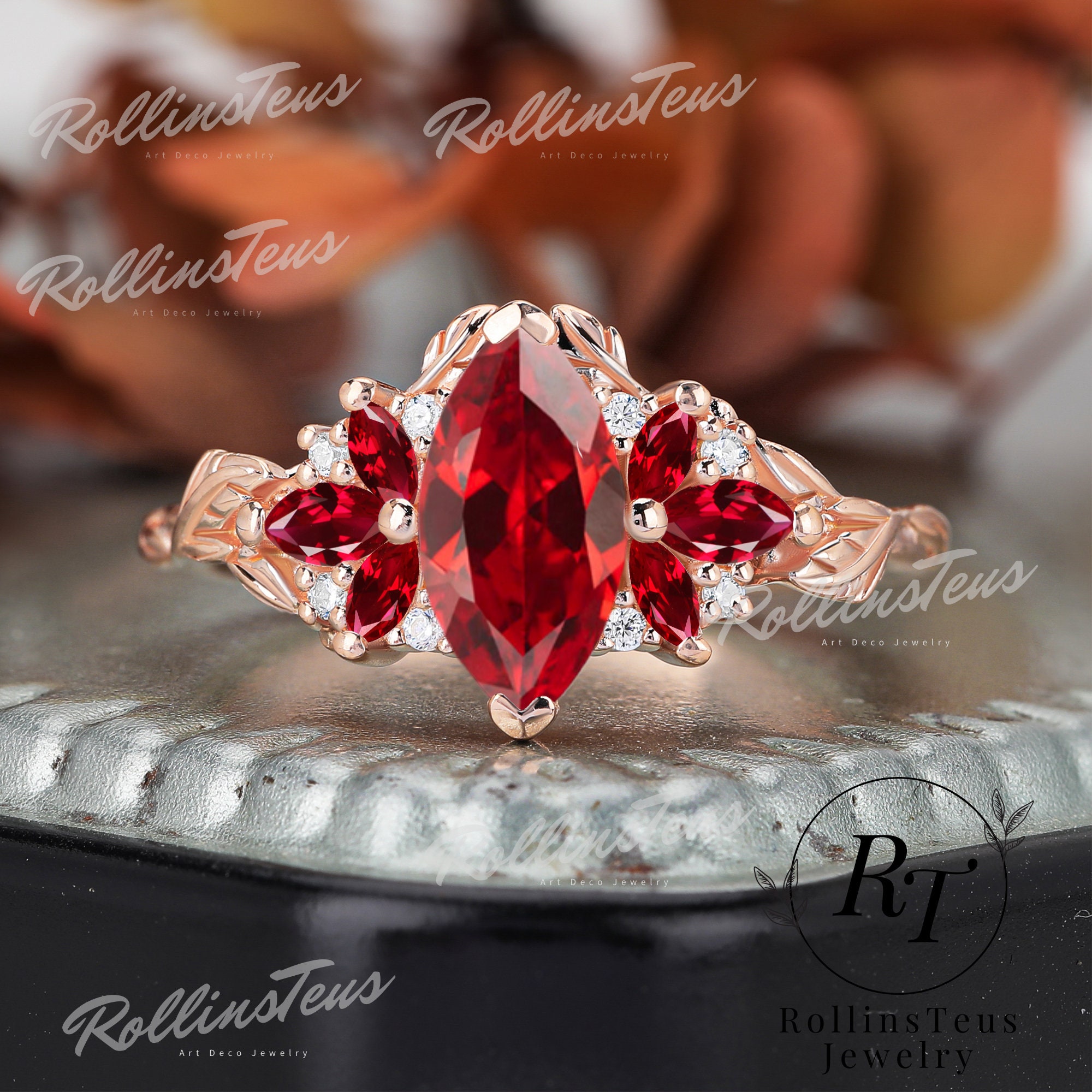 Vintage Red Ruby Solid Gold Bridal Ring Marquise Shape Red Gemstone Engagement Ring Moissanite Cluster Ring Promise Ring July Birthstone