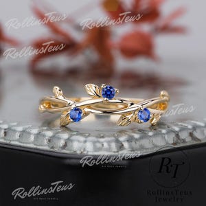 Round Shape Blue Sapphire Wedding Band Matching Ring Natural Inspired Leaf Ring Anniversary Gift Stacking Band Cluster Ring Handmade Ring