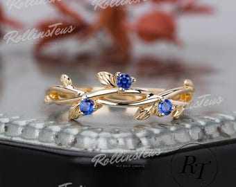 Round Shape Blue Sapphire Wedding Band Matching Ring Natural Inspired Leaf Ring Anniversary Gift Stacking Band Cluster Ring Handmade Ring