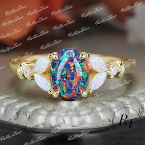 Oval shape black fire opal engagement ring Mpossanite solid gold wedding ring Opal wedding ring Anniversary gifts for women Handmade ring