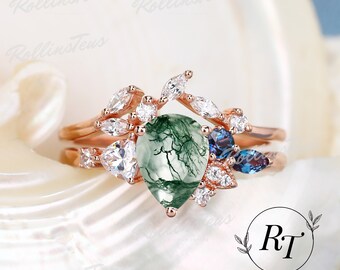 未使用◆アレキサンドライト＆モスアゲートリング　約11号 ティアドロップ型の天然モスアゲートリングセット ユニークな