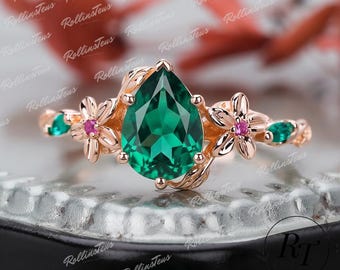 Unique May Birthstone Solid Gold Promise Ring, Pear Cut Green Emerald Engagement Ring, Nature Leaf Wedding Ring, Anniversary Gifts For Wife
