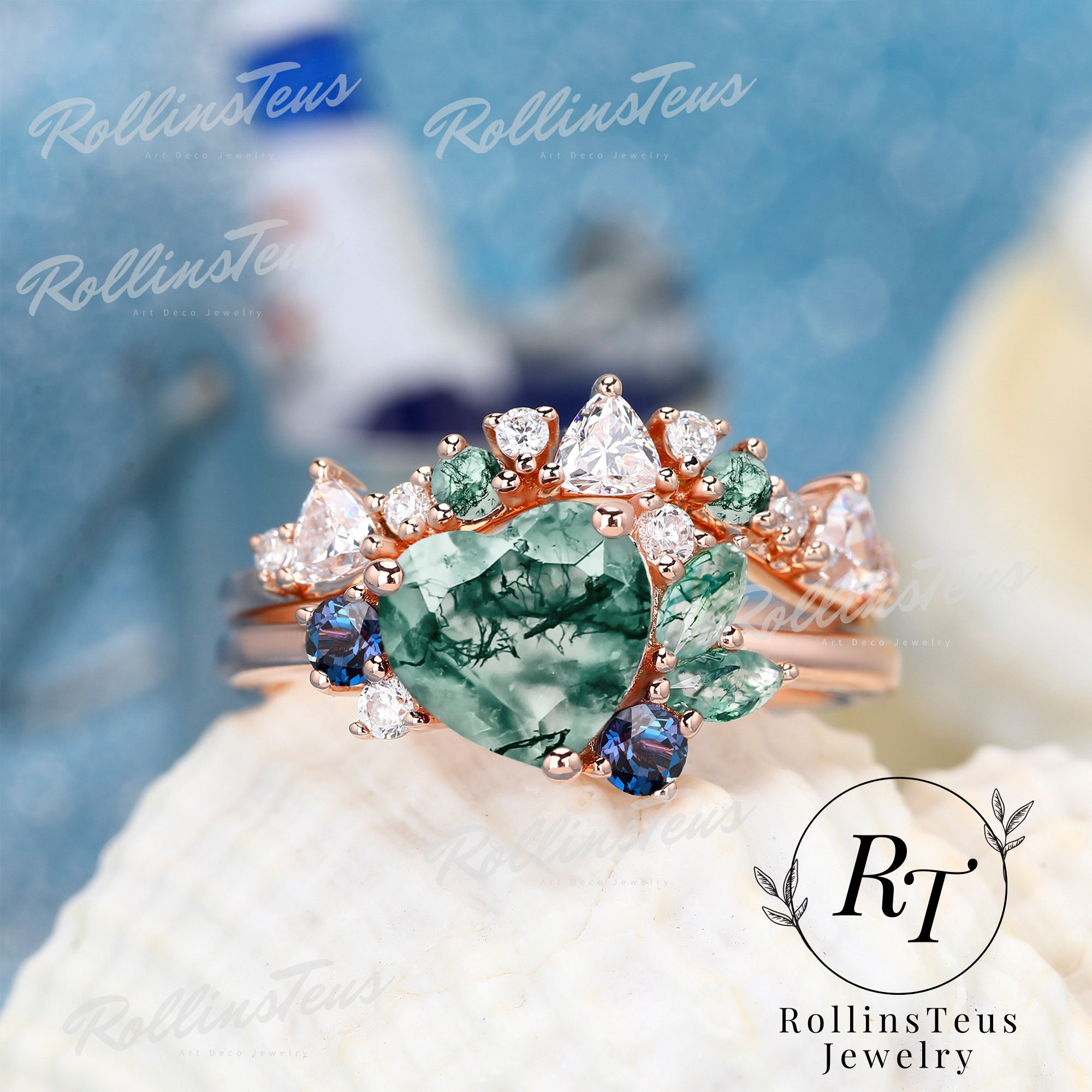 Bague en agate mousse naturelle coupe coeur ensembles de mariée bague anniversaire bande de mariage bague de promesse bague alexandrite bagues inspirantes naturelles