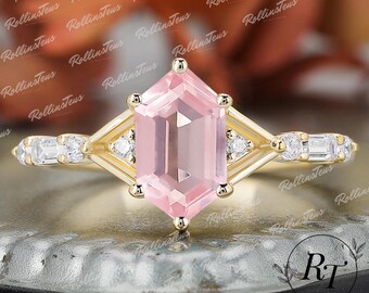 Long hexagon cut Natural Rose Quartz engagement ring Solid rose gold wedding ring Moissanite Art Deco bridal ring Anniversary handmade ring