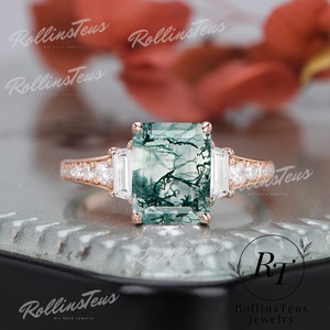 Emerald Cut Natural Moss Agate Engagement Ring Aquatic Agate Ring Anniversary Gift 14K Solid Rose Gold Vintage Moissanite Ring Handmade Ring