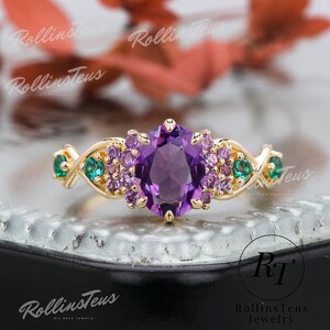 Oval Cut Natural Amethyst Engagement Ring Anniversary Gifts Vintage Twist Ring Emerald Handmade Ring For Her Solid Yellow Gold Wedding Band