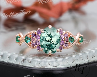 Oval Cut Natural Moss Agate Engagement Ring Natural Amethyst Ring Anniversary Ring Twist Ring Emerald Handmade Ring 14K Solid Yellow Gold