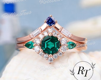 Hexagon Cut Lab Green Emerald Moissanite Ring Bridal Sets Band Anniversary Band Wedding Ring Gift For Her Lab Alexandrite Ring Handmade Ring