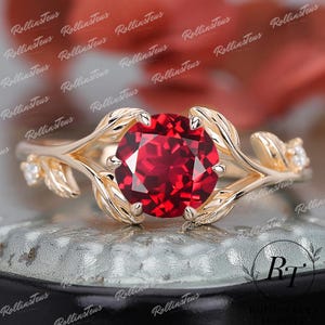 Bague feuille nature, bague de fiançailles rubis rouge, bague de golf vintage vigne nature, bague en or massif 14 carats avec pierre de naissance de juillet, bijoux faits main pour femme