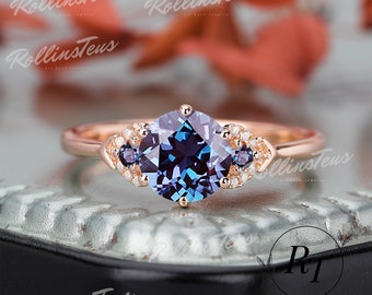 Round Cut Alexandrite Engagement Ring Solid Rose Gold Bridal Ring Moissanite Cluster Ring Change Colour Stone Ring Handmade Ring For Her