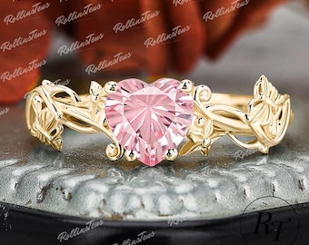 Heart Firework Cut Lab Pink Sapphire Engagement Ring, 14K Solid Gold Solitaire Ring, Nature Inspired Leaf Promise Ring, Anniversary Gifts