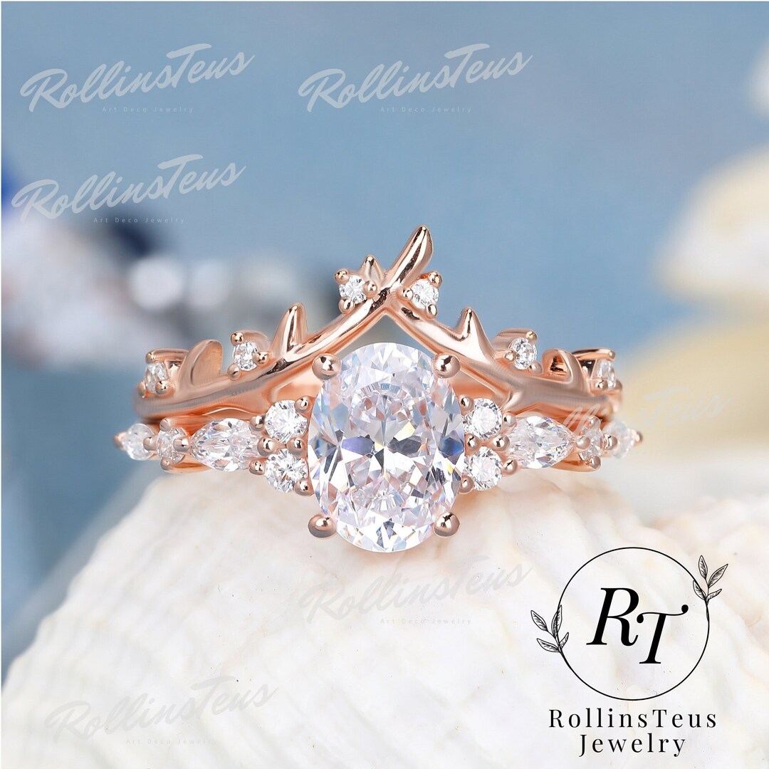 Oval Cut Moissanite Ring 14K Solid Gold Bridal Set Band Promise Ring ...