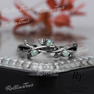 Unique Solid Black Gold Bridal Ring Nature Moss Agate Ring Wedding Band Matching Anniversary Gift Nature Inspired Leaf Ring Handmade Ring