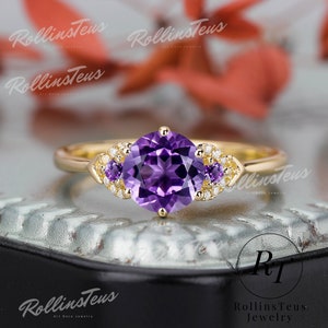 Round Cut Natural Amethyst Engagement Ring Anniversary Gifts Wedding Band 14K Solid Yellow Gold Ring  Moissanite Cluster Ring Handmade Ring