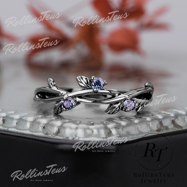 Unique Black Gold Alexandrite Wedding Band Solid Gold bridal ring Natural Inspired Five Leafs Ring Twist Ring Anniversary Band Handmade Ring
