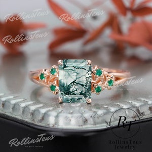 Emerald Shape Natural Moss Agate Engagement Ring Star Design Ring Aquatic Agate Cluster Ring Round Shape Green Emerald Ring Anniversary Band