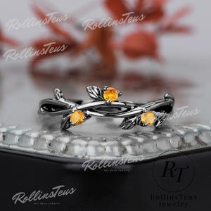 Twist Ring Unique Black Gold Natural Citrine Wedding Band Solid Gold Ring Natural Inspired Five Leafs Ring Anniversary Band Handmade Ring