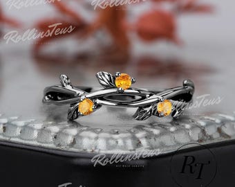Twist Ring Unique Black Gold Natural Citrine Wedding Band Solid Gold Ring Natural Inspired Five Leafs Ring Anniversary Band Handmade Ring