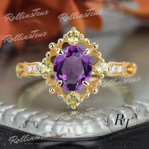Unique oval cut Natural Amethyst engagement ring Moissanite cluster ring Solid 14k gold bridal ring Peridot promise ring Anniversary ring