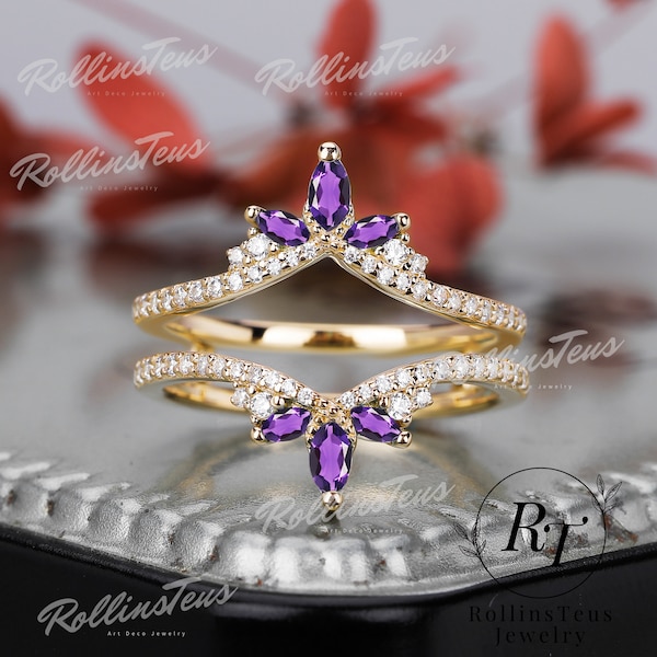 Natural Amethyst Double Curved Wedding Band Unique Moissanite Solid Yellow Gold Ring Stacking Matching Band Enhancer And Wraps Wedding Ring