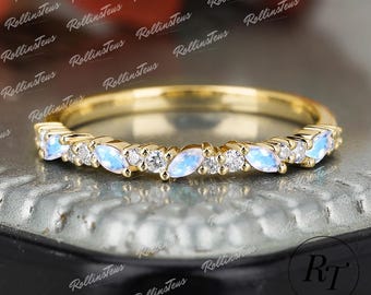 14K Solid Gold Wedding Jewellry, Marquise Natural Moonstone Wedding Band, Unique Moissanite Art Deco Handmade Gifts, Promise Ring For Her