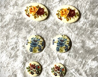 Vintage: 6 Cabochons mit Blumen, verschiedene Ausführungen, Resin, Kunststoff