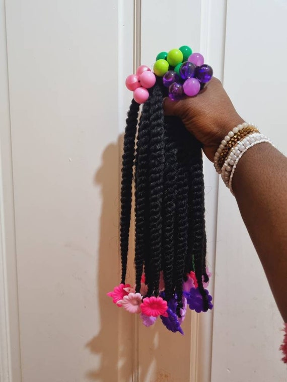 Kids Braided Ponytails Extensions With Beads, Clip Bows and Adjustable  Bands. Twists and Braids Ponytails Clip and Go 