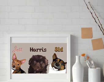 Retrato de perro PERSONALIZADO, Retrato de múltiples mascotas, Retrato de mascota personalizado, Descarga digital para amantes de las mascotas, Regalo para amantes de las mascotas, Retrato de perro