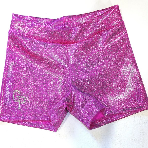 Short de gym en tissu pailleté rose holographique