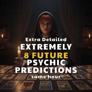 Può includere: Immagine di una persona con capelli rossi e occhiali, che tiene in mano una candela, circondata da carte dei tarocchi. Il testo recita: "EXTRA DETAILED EXTREMELY 8 FUTURE PSYCHIC PREDICTIONS same hour."