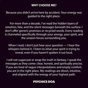 Op de afbeelding: Een donkerpaarse afbeelding met witte tekst. De tekst begint met "WHY CHOOSE ME?" en beschrijft spirituele readings, met de nadruk op eerlijkheid en intu&iuml;tie. Het eindigt met "PSYCHICS DOA".