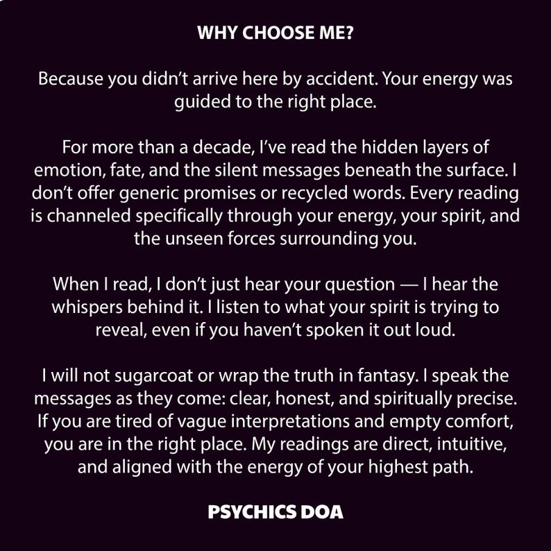 Op de afbeelding: Een donkerpaarse afbeelding met witte tekst. De tekst begint met "WHY CHOOSE ME?" en beschrijft spirituele readings, met de nadruk op eerlijkheid en intu&iuml;tie. Het eindigt met "PSYCHICS DOA".