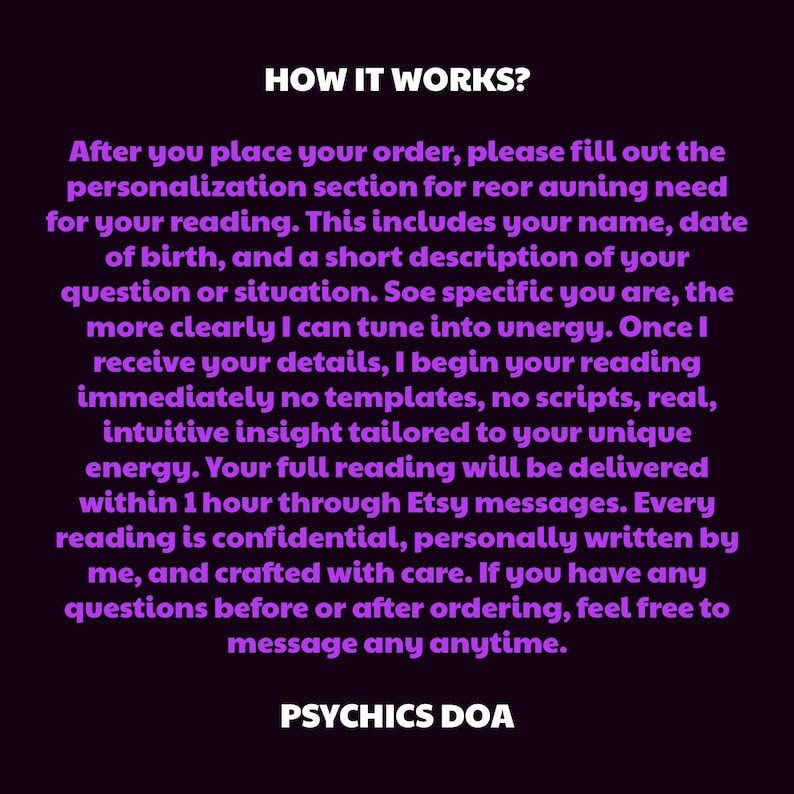 Op de afbeelding: Een paarse afbeelding met witte tekst die het proces van een paranormale lezing uitlegt. De tekst bevat instructies over bestellen, de vereiste informatie en de levertijd. De afbeelding eindigt met "PSYCHICS DOA."