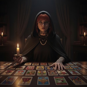 Op de afbeelding: Een persoon in een zwarte capuchon en bril zit aan een houten tafel, omringd door tarotkaarten. Een brandende kaars wordt in &eacute;&eacute;n hand gehouden, de andere rust op de kaarten. De sc&egrave;ne is zwak verlicht, wat een mystieke sfeer cre&euml;ert.