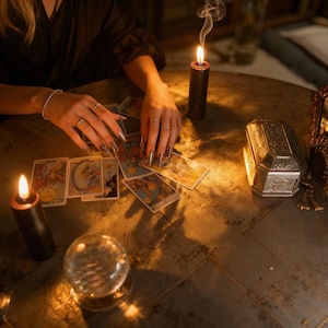 Op de afbeelding: Een mystieke sc&egrave;ne met tarotkaarten, brandende kaarsen, een kristallen bol en een decoratieve doos op een ronde tafel. De kaarten zijn gerangschikt, wat duidt op een reading. De verlichting cre&euml;ert een mysterieuze sfeer.