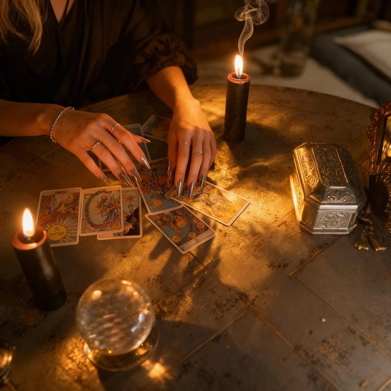 Op de afbeelding: Een mystieke sc&egrave;ne met tarotkaarten, brandende kaarsen, een kristallen bol en een decoratieve doos op een ronde tafel. De kaarten zijn gerangschikt, wat duidt op een reading. De verlichting cre&euml;ert een mysterieuze sfeer.