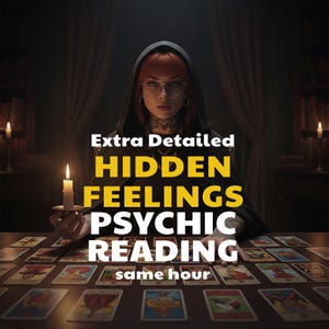 Könnte beinhalten: Ein Bild mit einer Person in einem Kapuzenmantel, die eine brennende Kerze hält, mit Tarotkarten auf einem Tisch. Der Text auf dem Bild lautet: "EXTRA DETAILED HIDDEN FEELINGS PSYCHIC READING same hour."