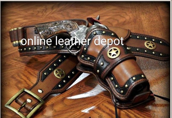 Handmade Tooled Leather Western Holster Cartridge Belt, .357 .44