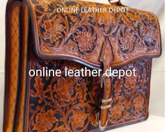Handmade Leather Carving Laptop Bag File Paper Stylish Full Grain