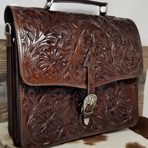 Bolso para portátil y bandolera de estilo occidental, tallado a mano en piel de grano completo