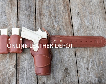 Handmade Leather Holster Belt, Western Fast Draw, 1911, 30-64 Inch