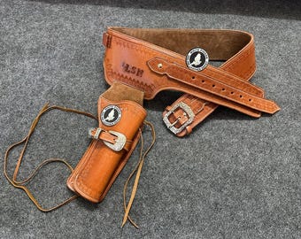 Handmade Tooled Leather Cowboy Holster Belt, Cartridge Ammo, .22 .357 .38 .44 .45 Caliber