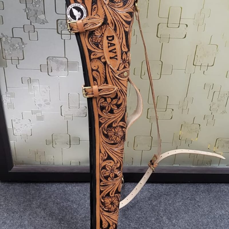 Handgemachte Winchester Gewehrscheide aus Leder mit Gravur für Schrotflinte, seltene Waffenhülle aus Leder mit Schnalle und verstellbarem Riemen