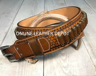 Tooled Leather Cowboy Ammo Belt Holster - .22 .357 .38 .44 .45 Caliber