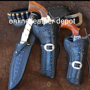 ウエスタンレザーカートリッジベルト、弾薬ループとハンマーストラップ付き、リボルバーホルスター、ガンカバー付き。.22、.32、.357、.38、.44、.45