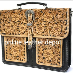 Borsa per laptop e borsa a tracolla in stile occidentale intagliata a mano in pelle pieno fiore